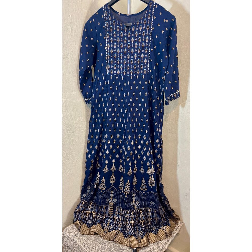 M Navy and Gold print maxi; kurta